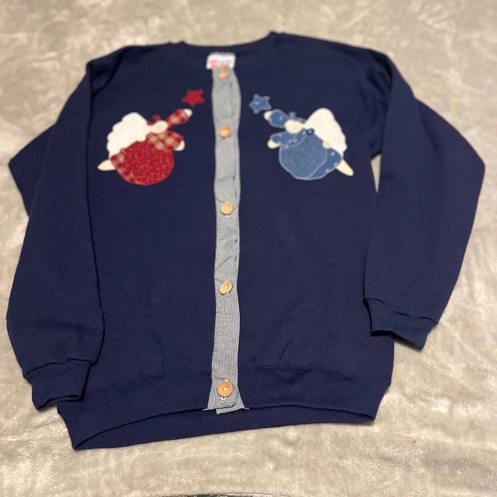 vintage reworked grannycore blue sweatshirt button up with angels